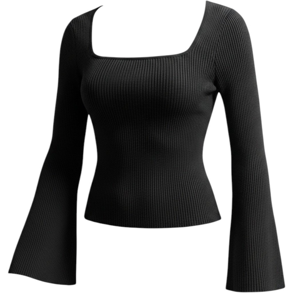 Hollister Y2K Sweater Womens L Black Ribbed Knit Fitted Square Neck Bell Sleeve